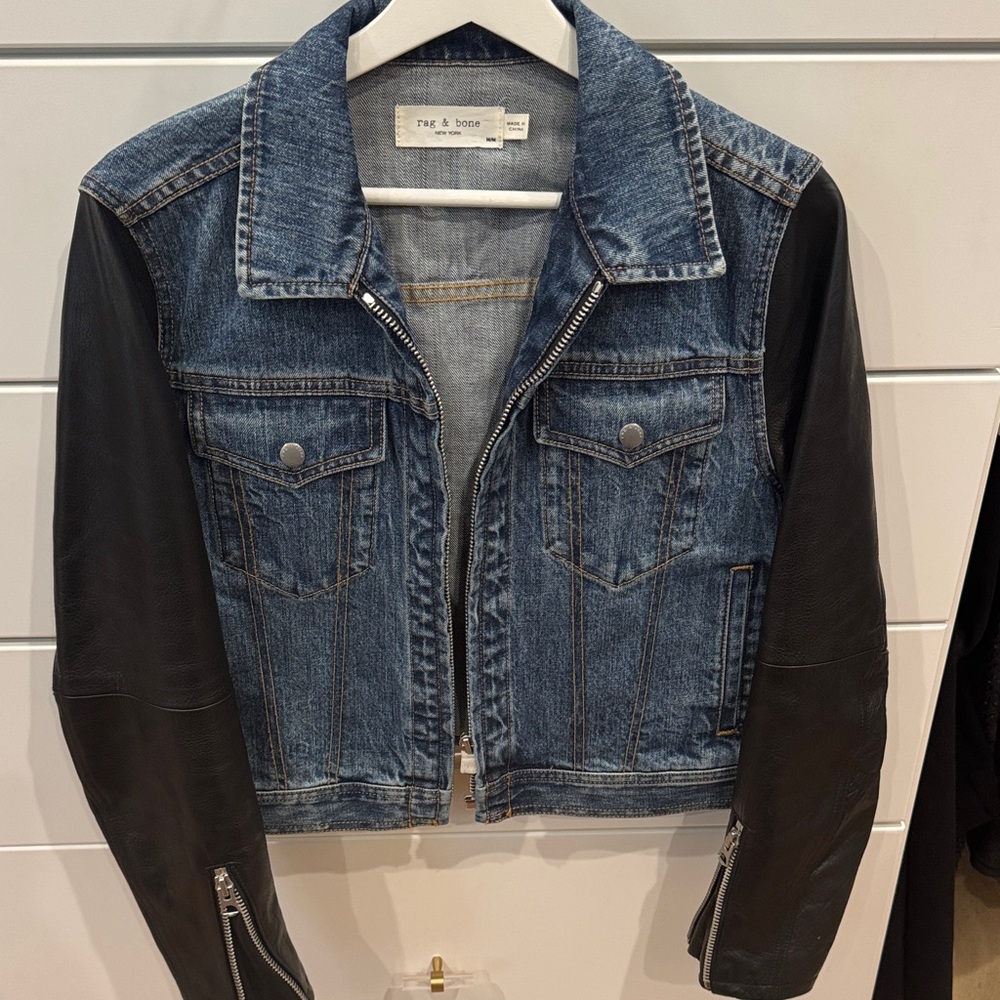Rag & Bone Blue Denim Jacket with Black Leather Sleeves